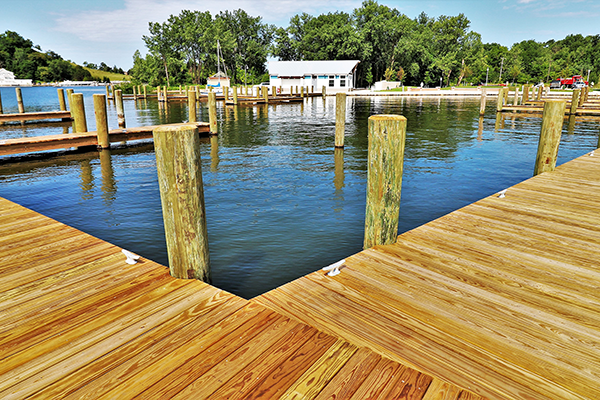 A view of the board walk and the surrounding marina
